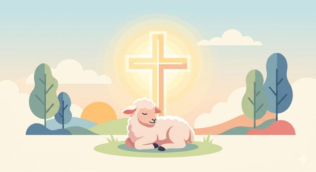 Meditación sobre el Sacrificio - un cordero estilizado acostado pacíficamente al pie de una cruz luminosa